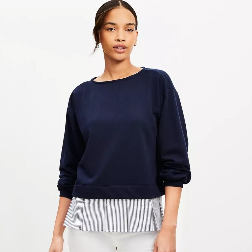 NWOT Loft Striped Poplin Mixed Media Sweatshirt Navy Size M